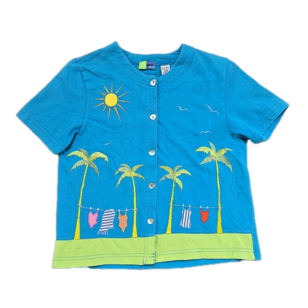 Vintage Onque Petite Shirt Women Size Ps Blue Beaded Tropical Sleeve Top